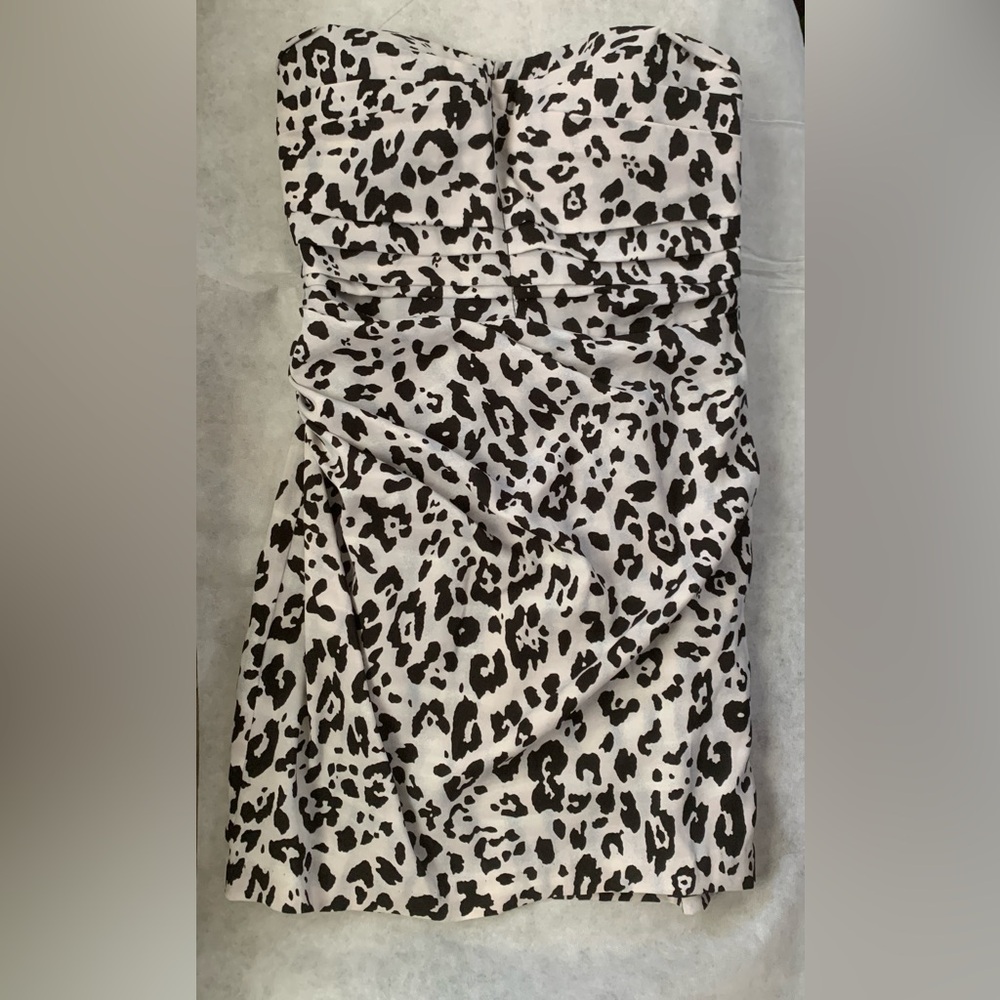 NWOT Express Black and White Leopard Print Strapless, Ruched Mini Dress